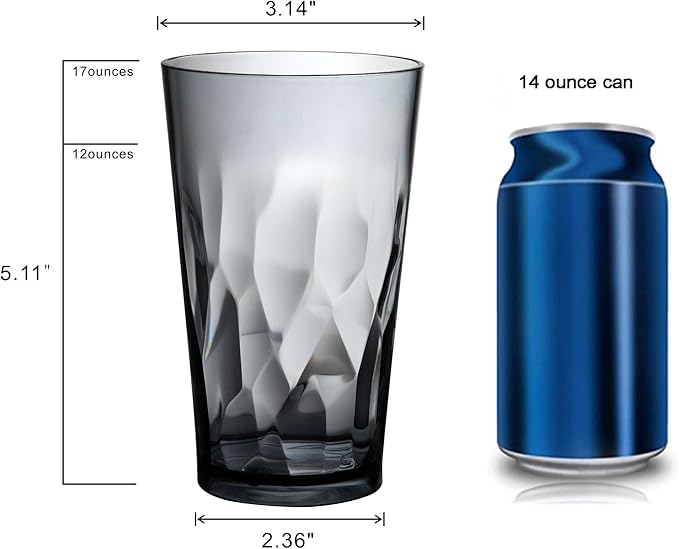 JGIRL Unbreakable Plastic Drinking Glasses, Set of 6, Shatterproof Drinking Cups, Plastic glass cup,16 oz plastic Tumbler Cups,Dishwasher Safe (Grey)