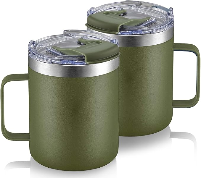 12oz Stainless Steel Insulated Coffee Mug with Handle, Double Wall Vacuum Tumbler Cup with Fliping Lid, Army Green, 2 Pack