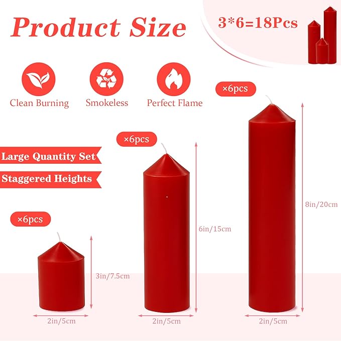 18 Pcs Red Pillar Candles Bulk Set，Hurricane Candlesï¼? Different Lengths (6 Each)，Dripless Unscented Smokeless，Gives You a Better Atmosphere When Organizing Wedding or Event Party.