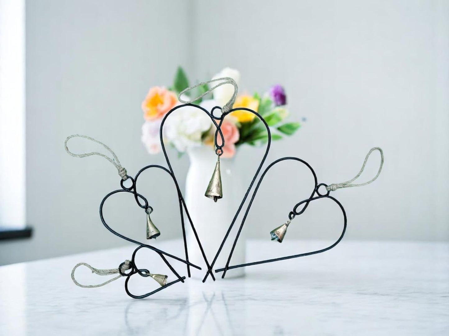 Mango Gifts Set of 4 Metal Heart Wall Art Decor with Bells | Black Love Heart Wall Sign Ornaments for Bedroom, Living Room & Home Decoration