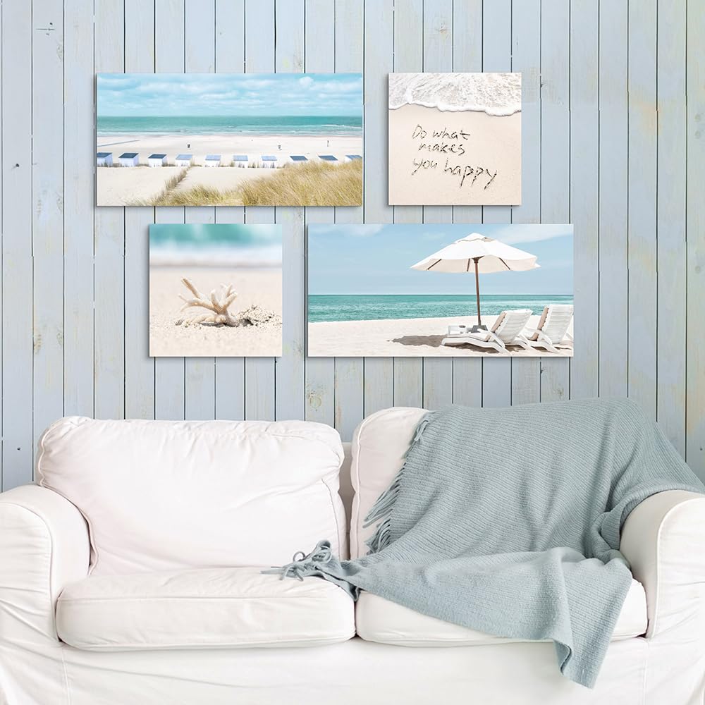 Coastal Canvas Wall Art Picture: Sandy Beach Chair Print 4 Piece Tropical Ocean Seascape Decor Artwork Relaxing Sea Scene Seashell Painting for Living Room Bedroom