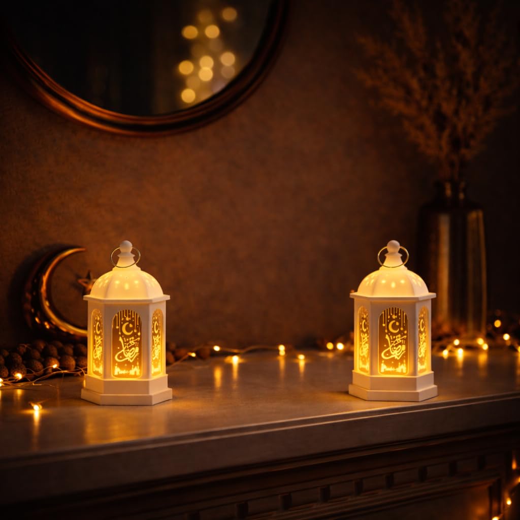 LED Ramadan Lanterns Decorations, Eid Decorations for Home and Table, Small Ramadan Lights with Hanging Rings, Moon & Star Eid Decor, Islamic Home Decor & Muslim Eid Gift (2 Pack)