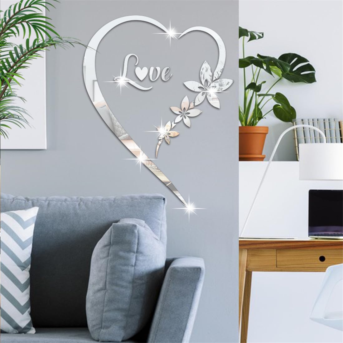 Heart Shape Mirror Wall Sticker, Self-Adhesive Love Heart Acrylic Mirror Wall Stickers Art Mural, DIY Walls Art Home Decor Heart Mirror Wall Decals for Living Room Bedroom Bathroom Office (Silver)