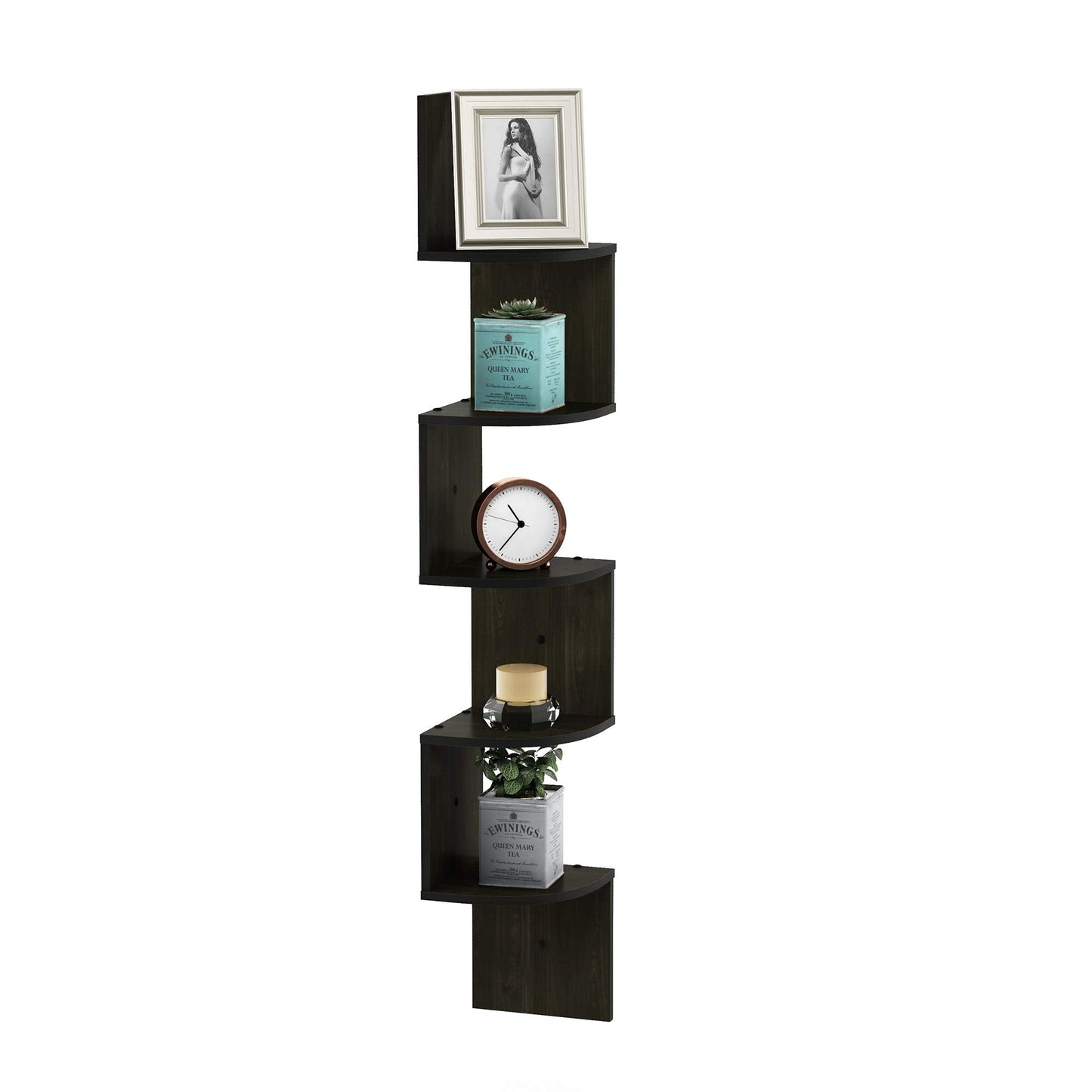 Furinno ROSSI Floating Book Shelves for Wall, 5-Tier Zigzag Corner Shelf Wall Mounted, Radial Corner Floating Shelf, for Living Room, Bedroom, Bathroom, Home Office, Espresso
