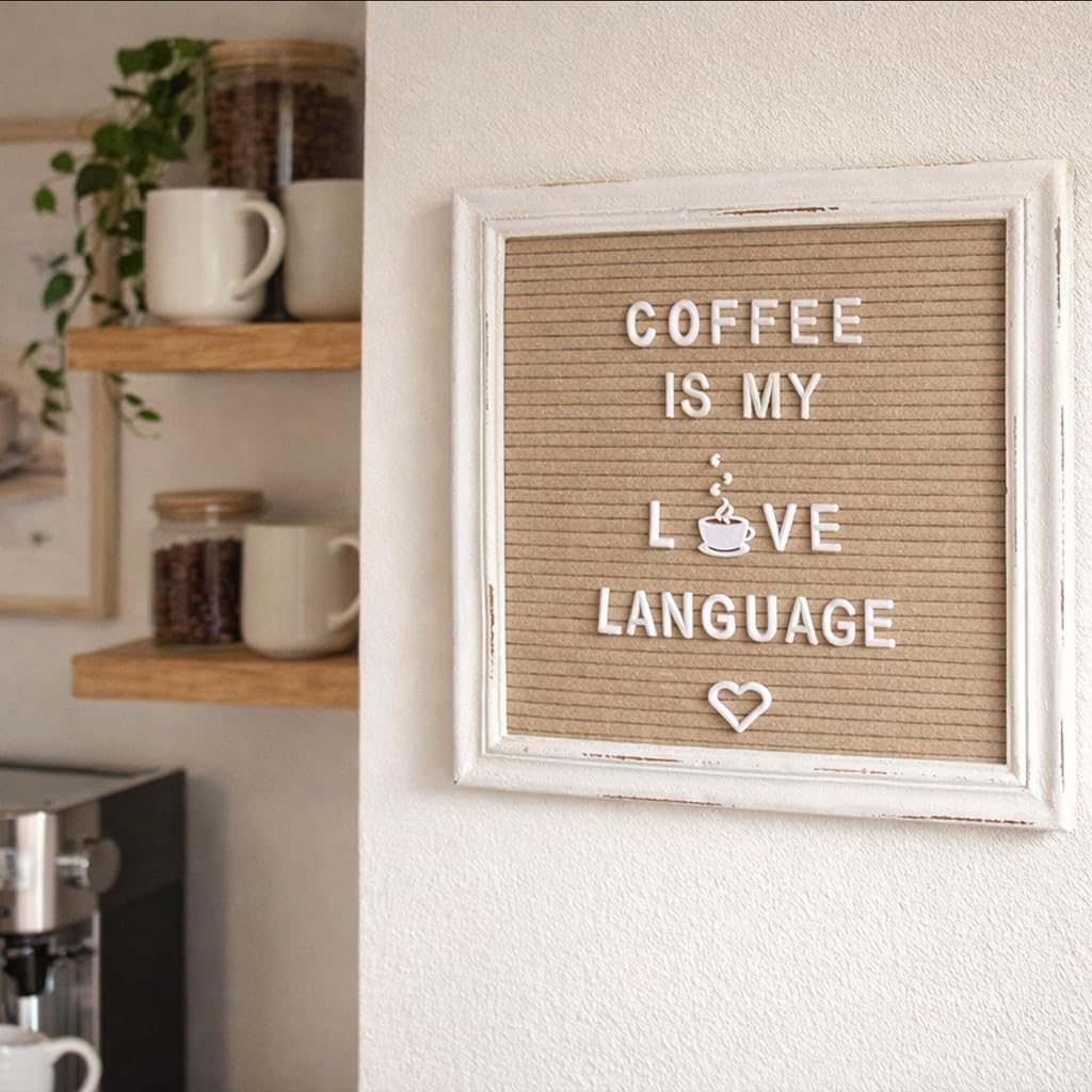 Cappuccino Felt Letter Board Back to School Sign with Rustic Wood White Frame - Farmhouse Letter Board Sign with Stand - Baby Announcement 10x10 Felt Board Changeable Message Board with 350 Letter Set