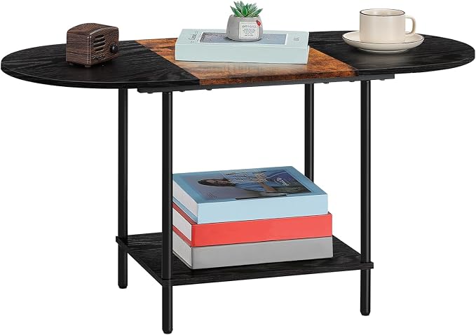 Coffee Tables for Living Room,Mid Century Small Oval Center Table with 2-Tier Storage Shelf and Wood Tabletop,Farmhouse Narrow Cocktail Tea Table for Small Space,Apartment,Black Brown