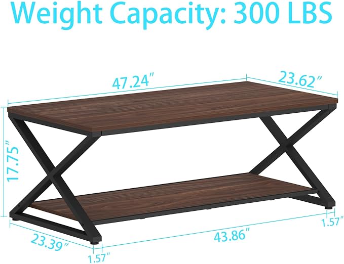 HSH Walnut 2 Tier Storage Coffee Table, Modern Rectangle Center Table for Living Room, Industrial Minimalist Wooden Metal Cocktail Tea Table, Home Office Rustic Simple Display Coffee Table, 39 Inch