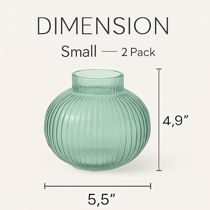 Round Glass Vases, Set of 2 Small Vases for Flowers, Green Glass Vase for Tulips, Modern Vase for Living Room, Office, Coffee Table, Shelf, Wedding, 5 Inches