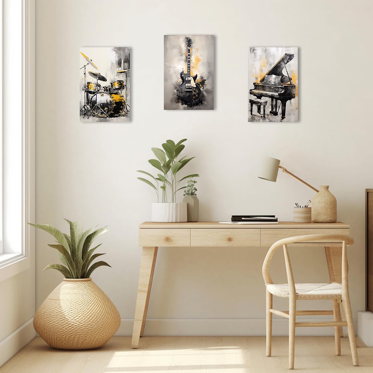 QIXIANG Music Canvas Wall Art for Music Lover Gift - 3 PCS Black and Gold Guitar, Piano, Drum Set Picture Prints - Framed (A, 20.00" x 28.00" x 3Pcs)