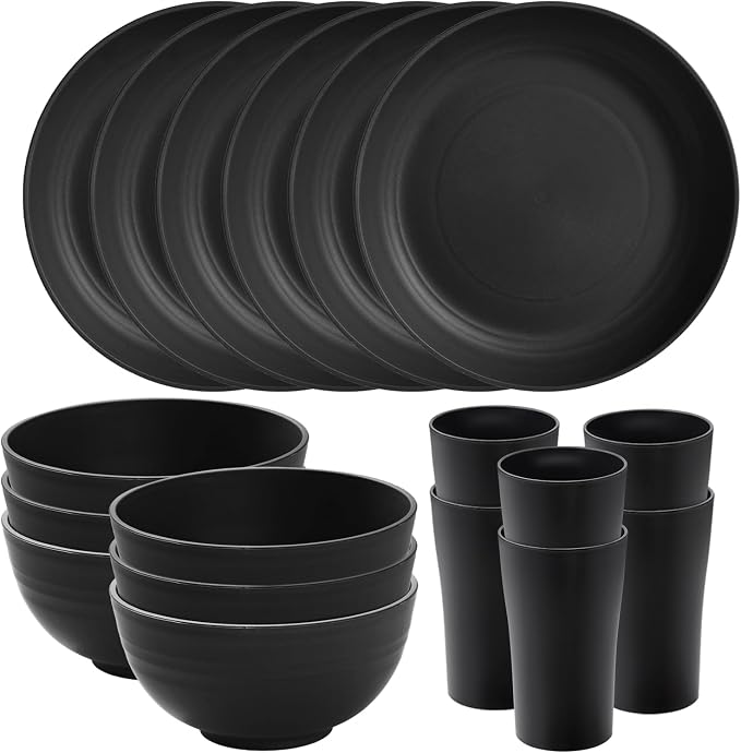 18 Piece Wheat Straw Dinnerware Sets - Kitchen Plates and Bowls Set SANLUNS Unbreakable Reusable Dinnerware Set Dishes set Dishwasher and Microwave Safe Plates Black