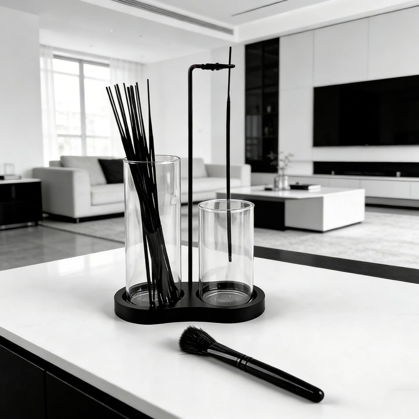 2 in 1 Black Incense Holder for Sticks with Glass Ash Catcher, Anti-Ash Incense Burner for Yoga Meditation Spa, Sleek Minimalist Decor & Incense Holder for Men, Includes Ash Brush