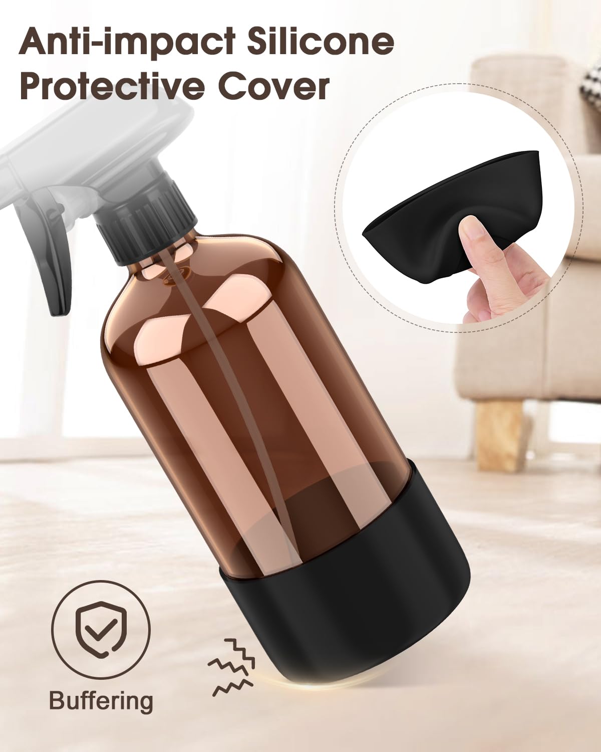 Bontip Glass Spray Bottle with Silicone Sleeve Protection, Amber Glass Spray Bottle Set for Window Cleaner Aromatherapy Facial Hydration Watering Flowers Hair Care 2 Pack/16 oz (Black)