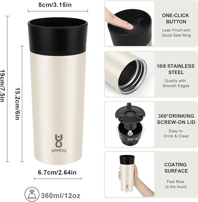 Travel Coffee Mug with 360°Lid, Travel Coffee Tumbler 12 oz Leak Proof, Stainless Steel Insulated Travel Mugs for Hot and Cold Spill Proof Leak Proof(Beige)