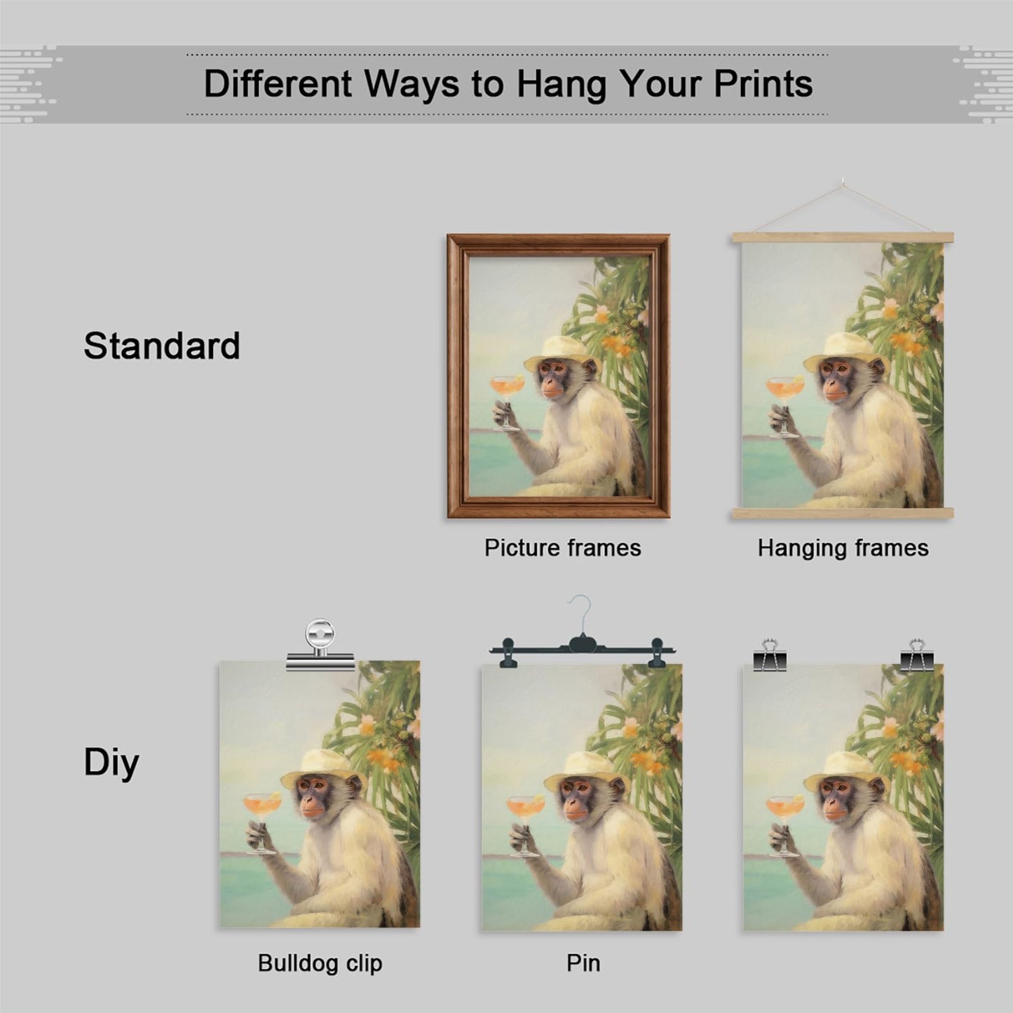 Yuaruo Funky Monkey Cocktail Canvas Wall Art, Retro Bar Cart Room Aesthetic Poster, Cute Funny Animal Painting Print, Cute Monkey on Vacation Dorm Apartment Wall Decor 12x16in Unframed
