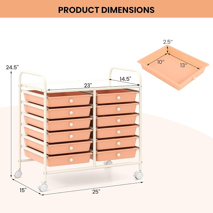 Giantex 12 Drawers Rolling Cart, Mobile Storage Drawer Cart, Classroom Organizer Cart for Office School Supplies Tools Scrapbook Paper Craft Small Printer, Utility Cart on Wheels, Peach Fuzz