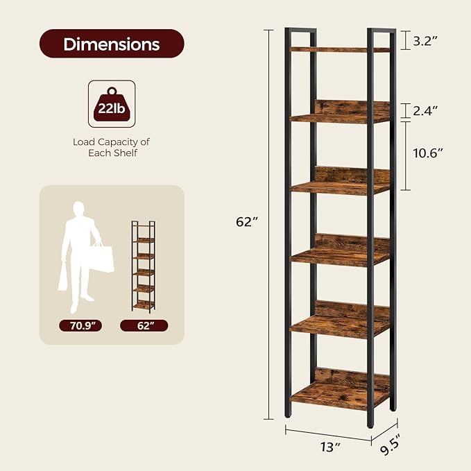 MAHANCRIS Bookshelf, 6-Tier Bookcase, Standing Book Shelf for Small Space, Storage Shelf Organizer, for Living Room, Bedroom, Study, Balcony, Rustic Brown and Black BKHR6601