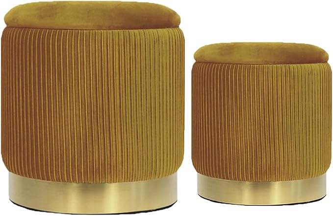 Round Ottoman with Storage Set of 2 Upholstered Velvet Vanity Stool, Small Ottoman Coffee Table, Removable Lid, for Living Room, Bedroom, Hallway, Assembly Free (Yellow with Bottom Gold)