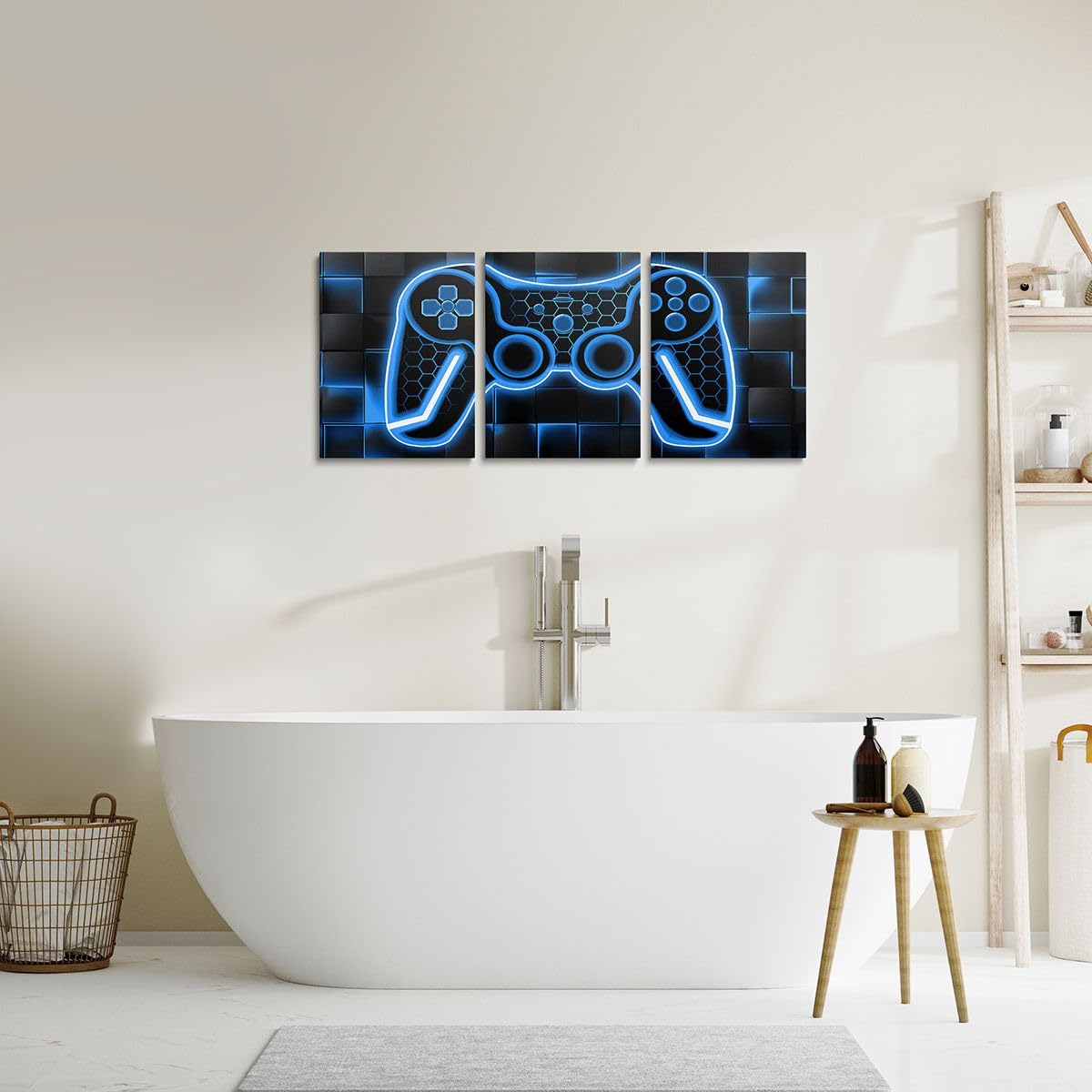 Feelyou Gamer Canvas Wall Art Gaming Bathroom Wall Art for Home Decor 12"x16" 3 Piece for Teens Bedroom Decor Lighting Honeycomb Office Wall Artwork Posters Blue and Black Geometric Wall Painting