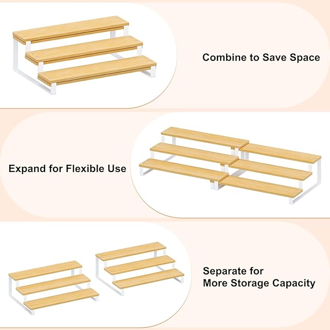 Expandable Can Organizer for Pantry, 3-Tier Adjustable Bamboo & Iron Can Rack for Cabinets, Easy Access Food Storage Shelf for Canned Goods, Soda & Soup Cans, Holds Up to 30 Cans, White