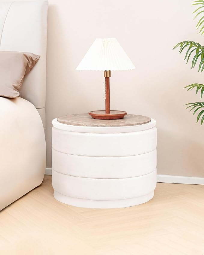 B FSOBEIIALEO Round Velvet Storage Ottoman with Tray, Folding Ottoman with Storage Coffee Table Foot Rest for Dorm Room, Living Room White, 22.83"x22.83"x17.32"