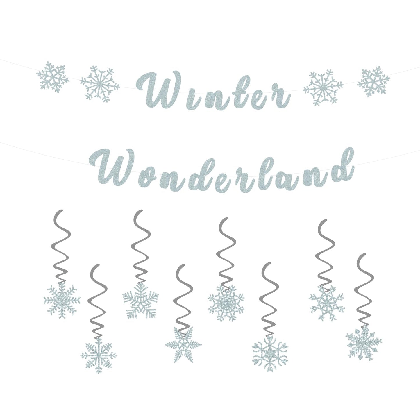 Winter Wonderland Banner,Snowflake Theme Party Decorations Include Pre-Strung Glittery Winter Wonderland Banner and 8 Pcs Snowflake Hanging Swirls,Christmas Birthday Party Supplies