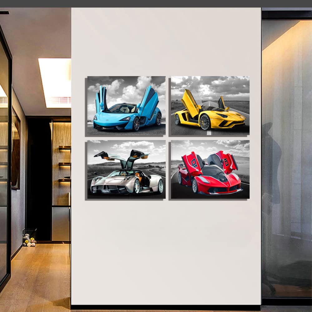 Car Posters Wall Art for Office, Living Room Bedroom Boys Room Décor Sports Wall Art Large Car Art Framed Canvas Print Art Man Cave Decoration Black and White Car Pictures 20"x16", 4pieces