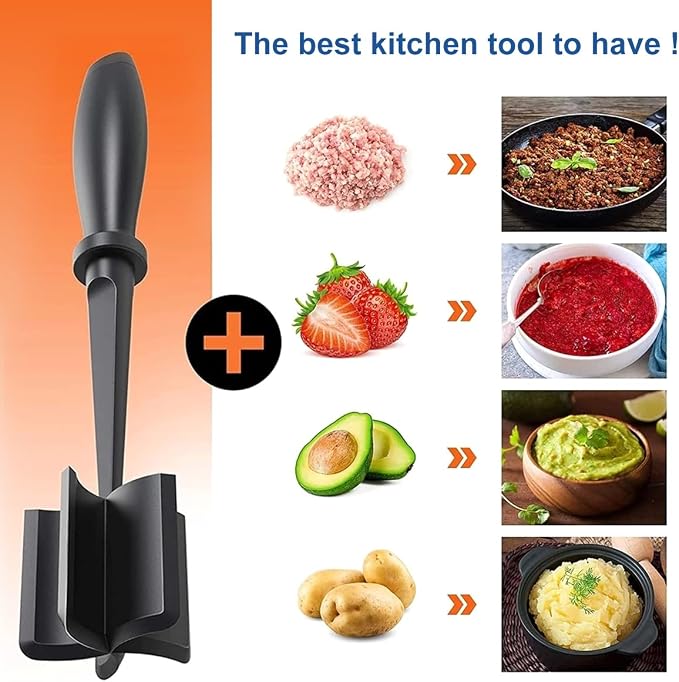 8Pcs Ground Meat Chopper - Nylon Nonstick Ground Beef Chopper with 5 Curved Blades & Ergonomic Non-Slip Handle, Dishwasher Safe Sturdy Meat Masher, Heat-Resistant Potato Masher for Kitchen