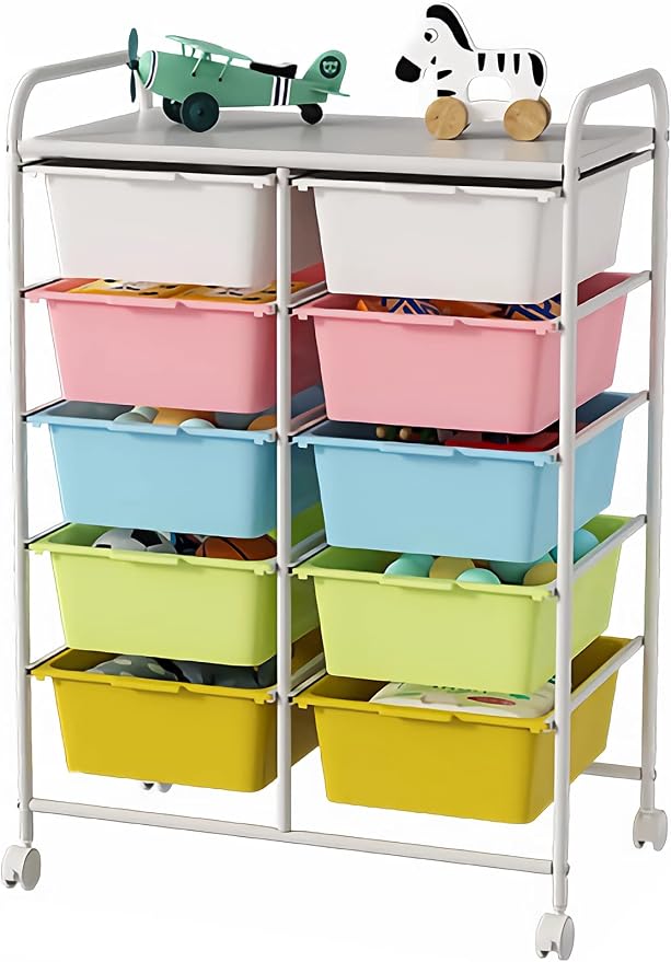 Ytaoka 10 Drawers Rolling Storage Cart, Plastic Drawer Cart with Metal Frame, Multipurpose Art Craft Cart Organizer with Wheels, Utility Cart with Drawers for Home, Office, School, Multicolor
