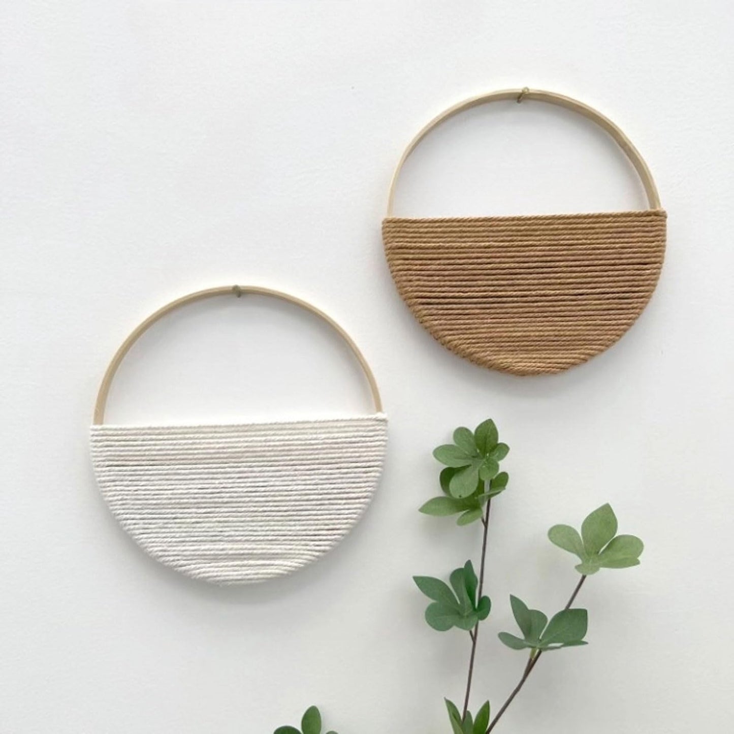 Cilemou 2-Piece 8-inch Round Bamboo Wall Decor with Yarn-Wrapped Half-Circle Design, Rustic Boho Style Wall Hanging for Living Room, Bedroom, Office, and Home Decor