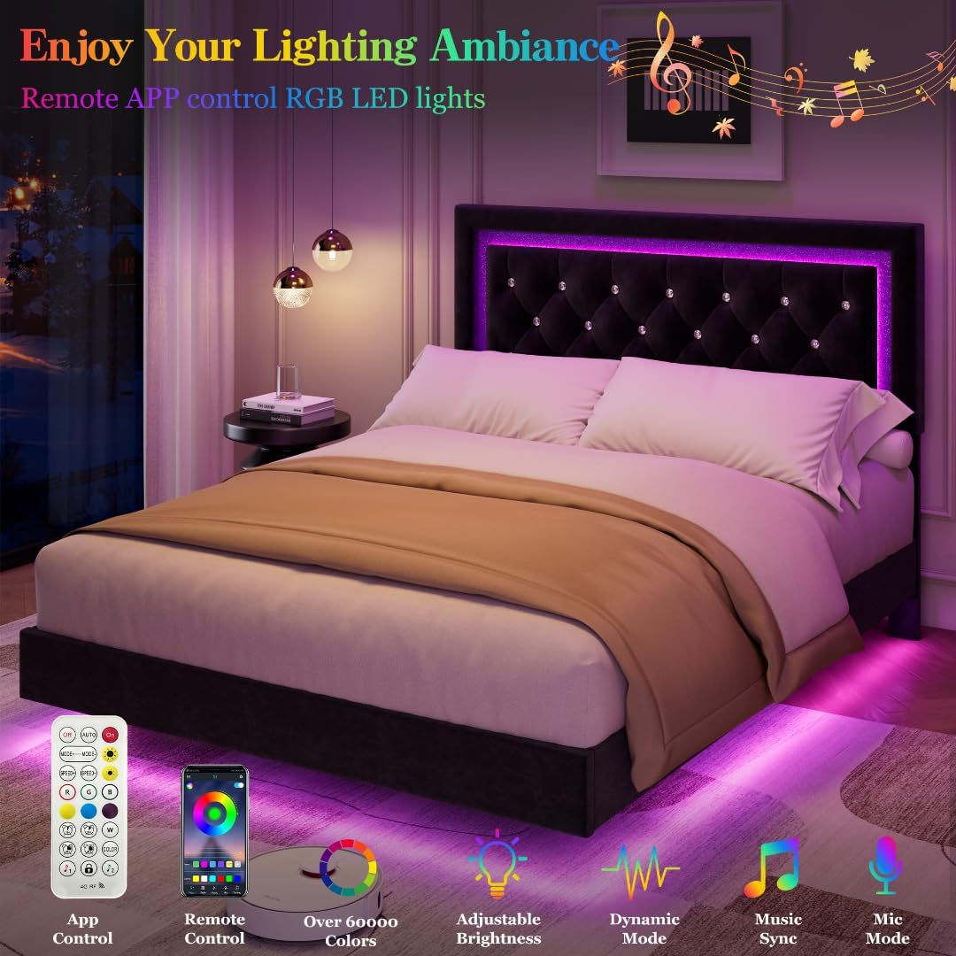 IDEALHOUSE Floating Queen Platform Bed Frame with Smart LED Lights – Modern Upholstered Diamond Headboard, Sturdy Wood Slats, Noise-Free, Easy Assembly, Sturdy Bedroom Furniture
