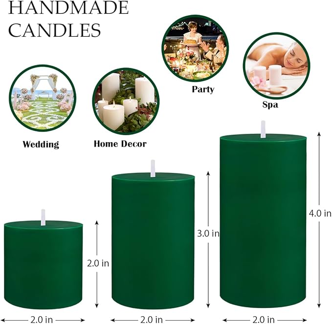 Green Unscented Pillar Candles 3-Pack ??Dripless & Smokeless, Long-Burning Thick Candles (2",3",4" Heights) for Weddings, Home Decor & Serene Ambiance