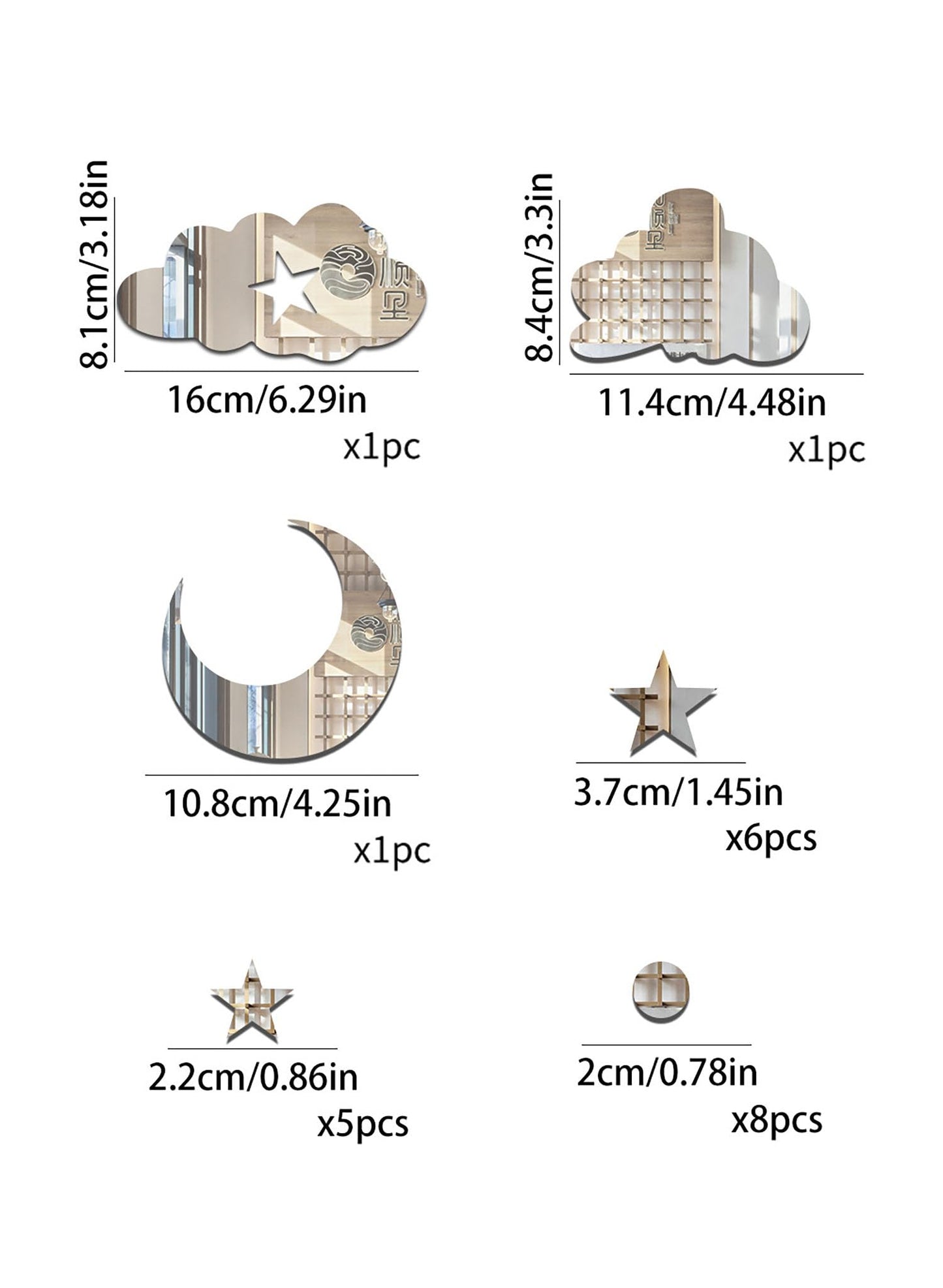 3D Moon Cloud Star Mirror Wall Decor,Star DIY Art Wall Decals Self Adhesive Decorative Stickers Decals for Kids Baby Nursery Living Room Bedroom Children's Room Playroom Decorations