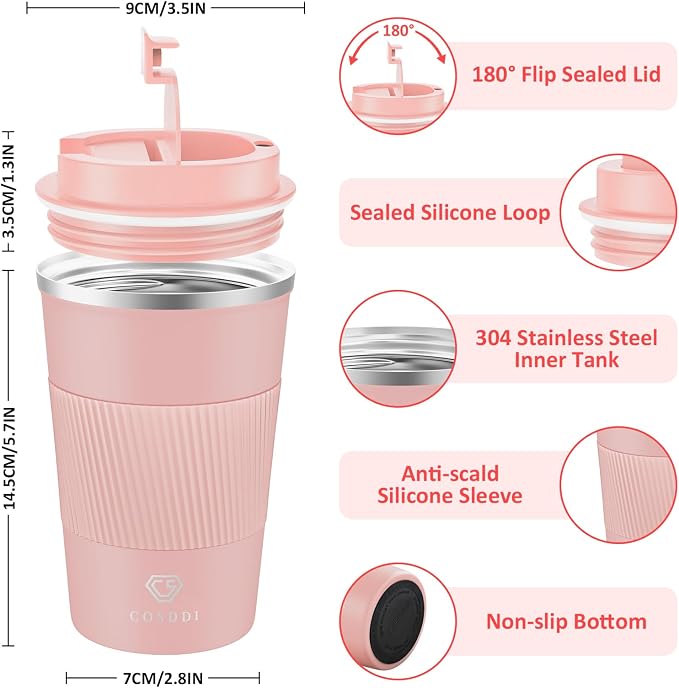 CS COSDDI 12 oz Stainless Steel Vacuum Insulated Tumbler - Coffee Travel Mug Spill Proof with Lid - Coffee Cups for Keep Hot/Ice Coffee,Tea and Beer (3rd light pink)