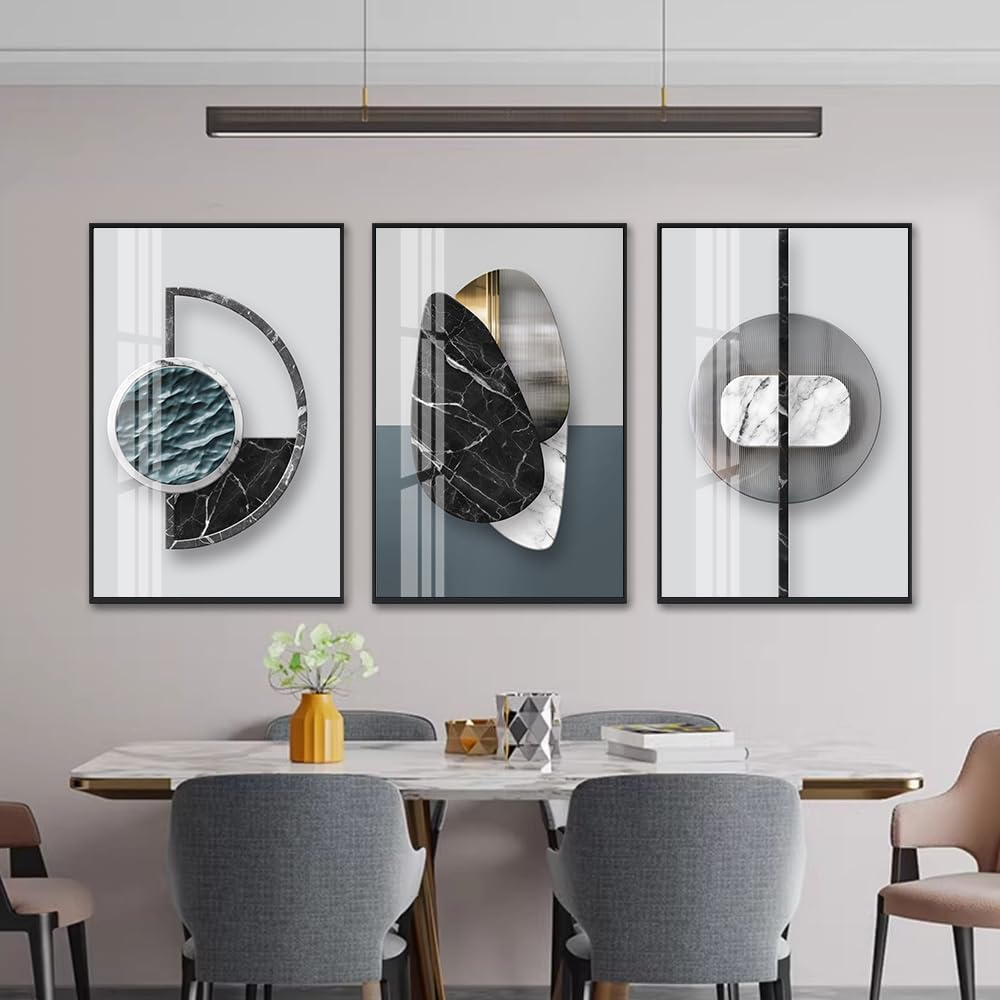 QKF 3 Pieces Modern Funky Wall Art For Living Room Geometry For Home Decoration Pictures Dark On Abstract Canvas Print Paintings Bedroom Bathroom Office Posters & Prints (Medium Size 16x24inch)