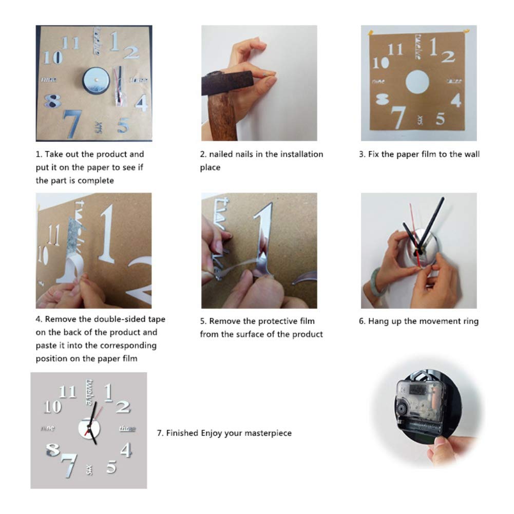 Forart Large DIY Wall Clock, Modern 3D Frameless Wall Clock Arabic Numbers Adhesive Wall Decor Kit Wall Decoration for Home Office Living Room Bedroom