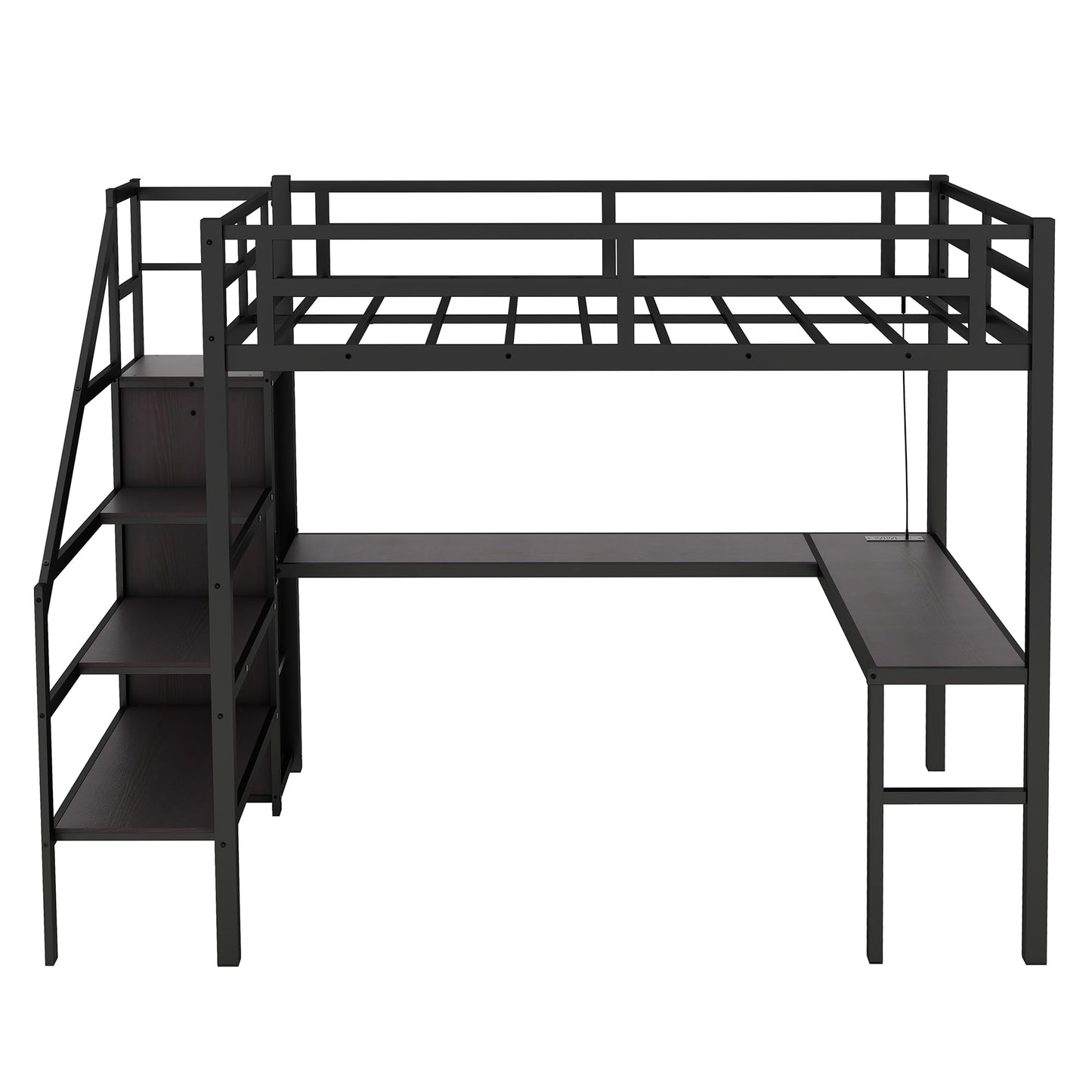 Heavy Duty Metal Loft Bed with Twin XL Size, Desk, Wardrobe & Storage Stairs, LED Charging Station, Space Saving for Kids, Teens & Adults - Black