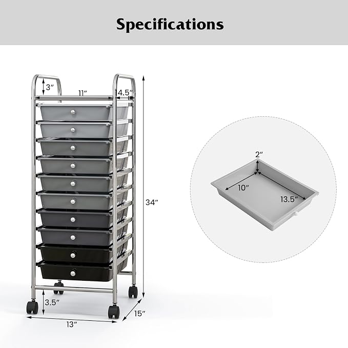 Giantex 10-Drawer Storage Cart w/Universal Wheel, Rolling Cart w/Handle, Home Organizer Storage Unit w/Removable Drawers, Trolley Utility Cart for Kitchen Makeup Living Room Office Play Room
