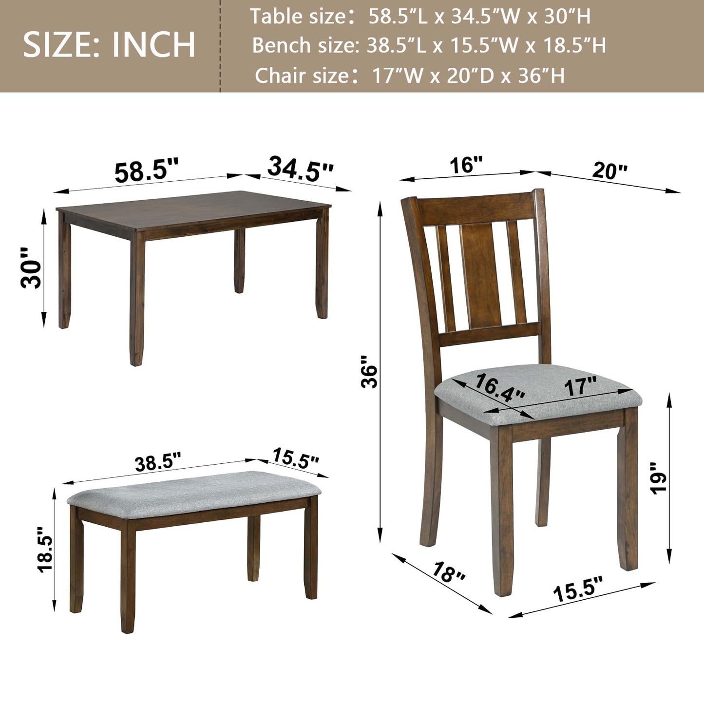 KEIKI 6-Piece Standard Height Dining Table Set with Rectangular Table, 4 Upholstered Slatted Backrset Chair, Bench, for 6 Person, Modern Table Set, Easy Assembly, for Kitchen, Dining Room, Walnut