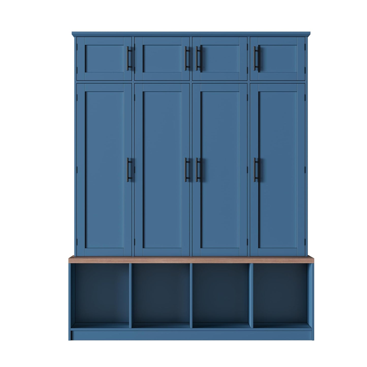 Hall Tree with Entryway Bench and Shoe Cabinet, Multi-Functional Seating Bench with 4 Hanging Hooks and 8 Doors, Blue