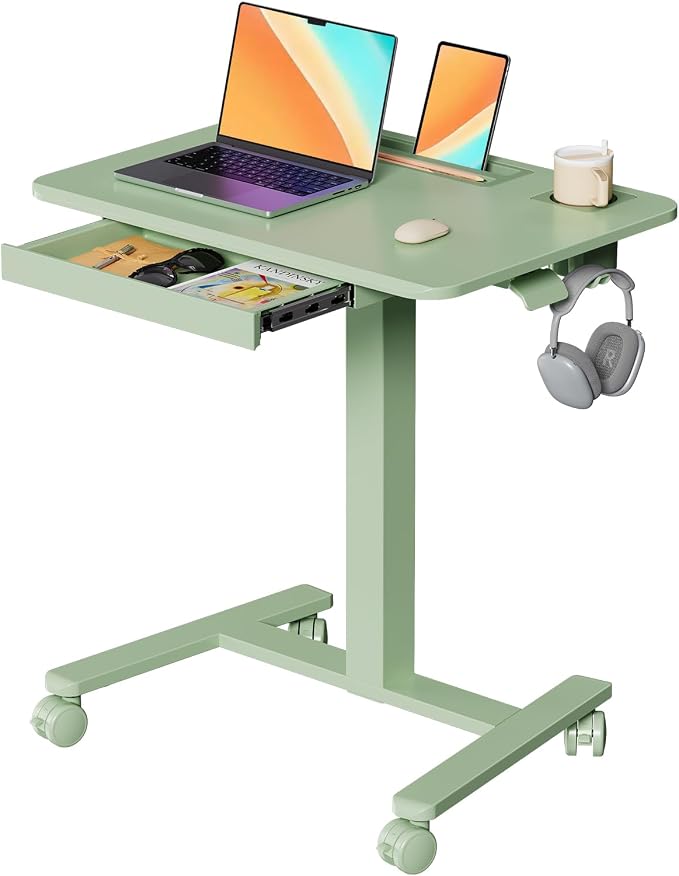 Mobile Standing Desk with Drawer, 28" Rolling Desk with Cup Holder and Hooks, Portable Laptop Workstation on Wheels, Height Adjustable Cart with Storage for Home Office, Sage Green