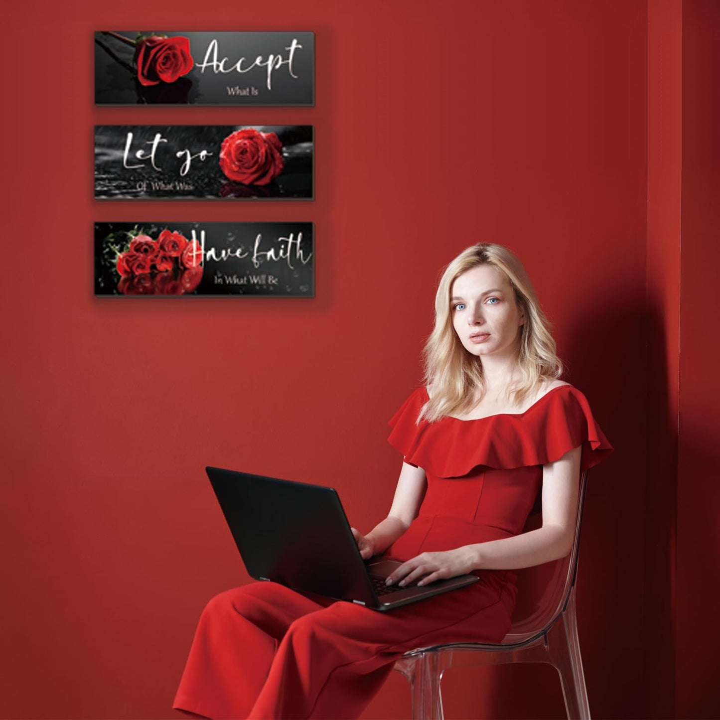 3 Pcs Red Decor Flower Inspirational Wooden Wall Art Red Roses Office Wall Decor with Accept Let Go Have Faith Positive Quotes for Girl Women Bathroom Living Room Bedroom(Red Rose12 x 4 Inch)