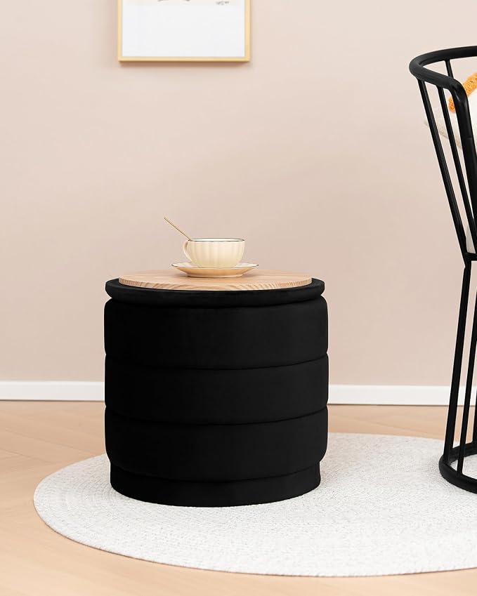 B FSOBEIIALEO Round Velvet Storage Ottoman with Tray, Folding Ottoman with Storage Coffee Table Foot Rest for Dorm Room, Living Room Black, 15.35"x15.35"x14.57"