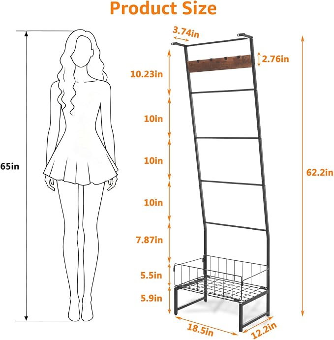 Metal Blanket Ladder with Basket, 5 Tier Black Blanket Ladders for the Living Room with Hooks, 5.2ft Wall Leaning Quilt Ladder for Blankets, Towels & Throws, Farmhouse Decor