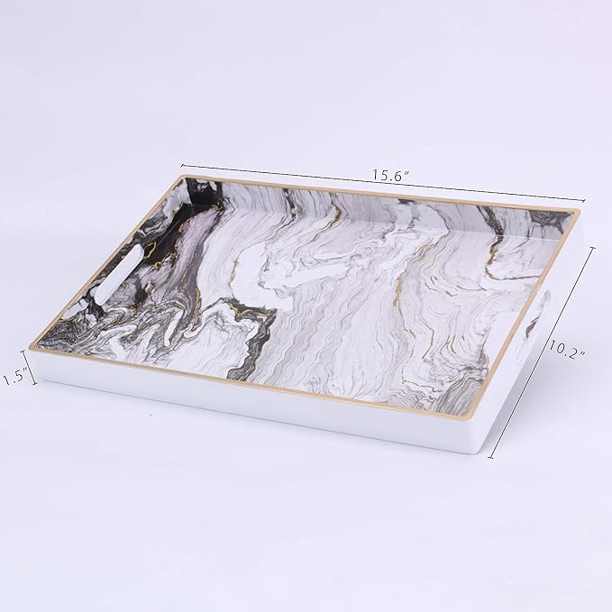 Decorative Tray, Marbling Plastic Tray with Handles, Rectangular Vanity Tray and Serving Tray for Bathroom, Kitchen, Ottoman and Coffee Table, 15.6” x 10.2”, White