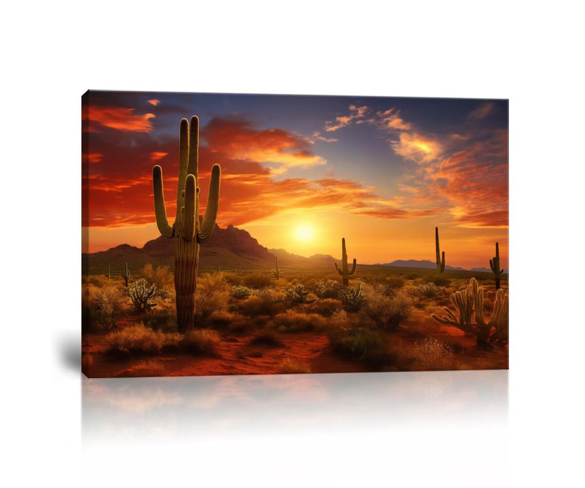 HJY Art Superstition Mountains Sunset Canvas Wall Art Arizona Western Desert Cactus Wall Decor Nature Landscape Pictures Wall Artworks Posters for Living Room Home Decorations (24''H x 36''W)