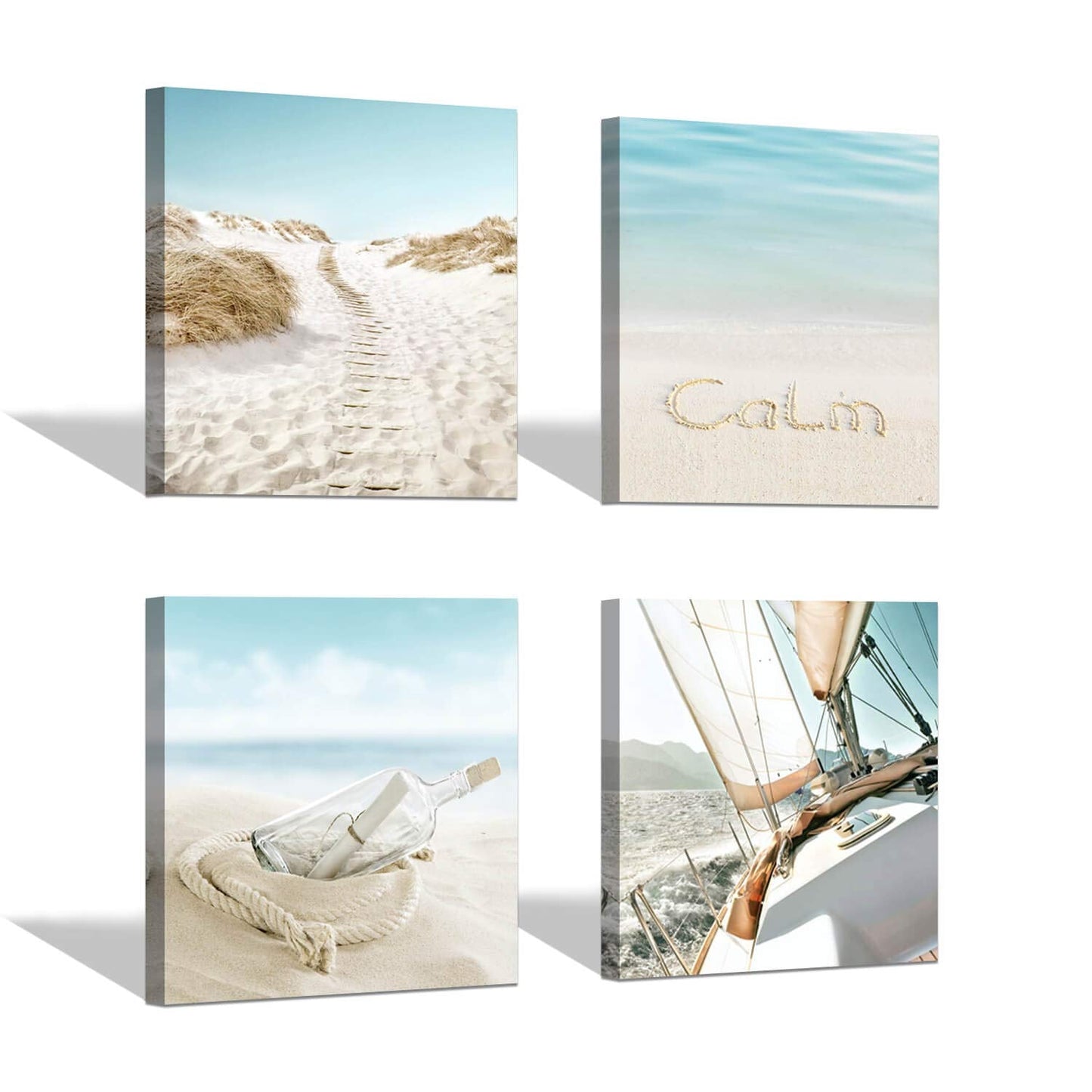 SD SOFT DANCE Beach Picture Coastal Artwork Painting: Bottle & Sailboat Blue Ocean Seascape Wall Art Canvas for Living Room (12” x 12” x 4 Panels) Visit the Store