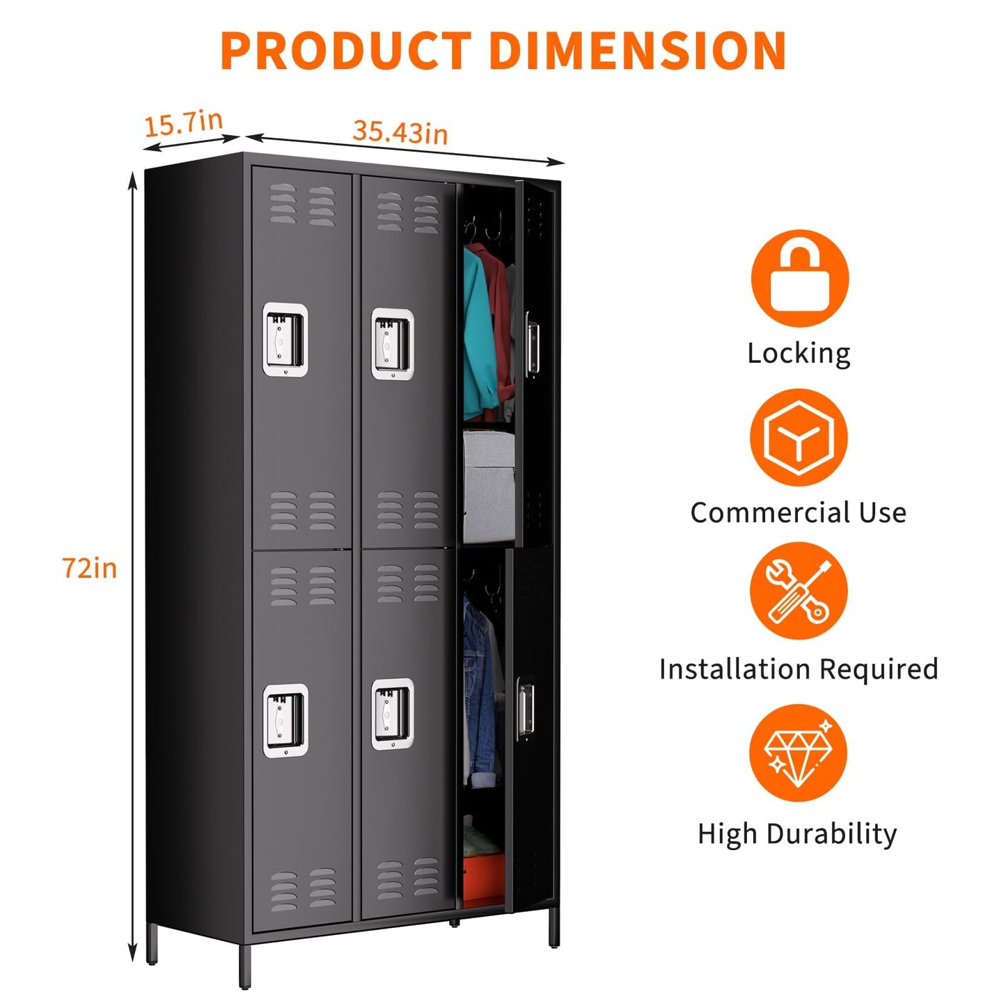 IDEALHOUSE Metal Lockers - 6 Doors Lockable Storage Locker, Sturdy Steel Cabinet with Shelves, Space-Saving Design for Home, Gym & Fire Department, Black