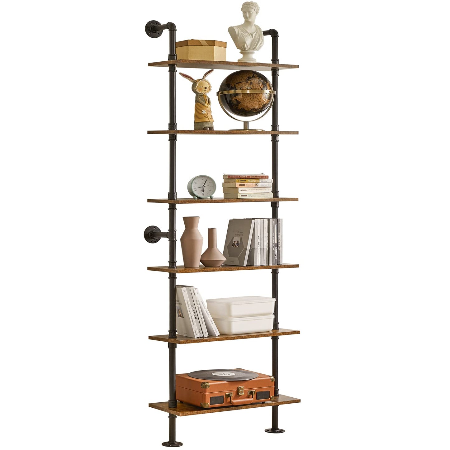 YMYNY Industrial Pipe Ladder Shelf, 6-Tier Wall Mounted Bookcase with Metal Frame, 78.7" Open Bookshelf, Multifunctional Storage Rack for Home Office, Living Room, Plant Stand, Rustic Brown, RF-TM018