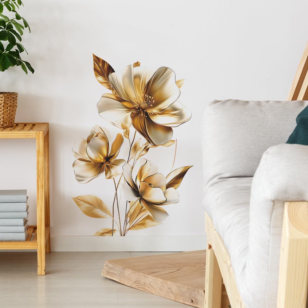 QXFHULV Flower Wall Stickers Floral Plants Wall Art Decals for Bedroom Living Room Sofa TV Background Home Decor (Gold)