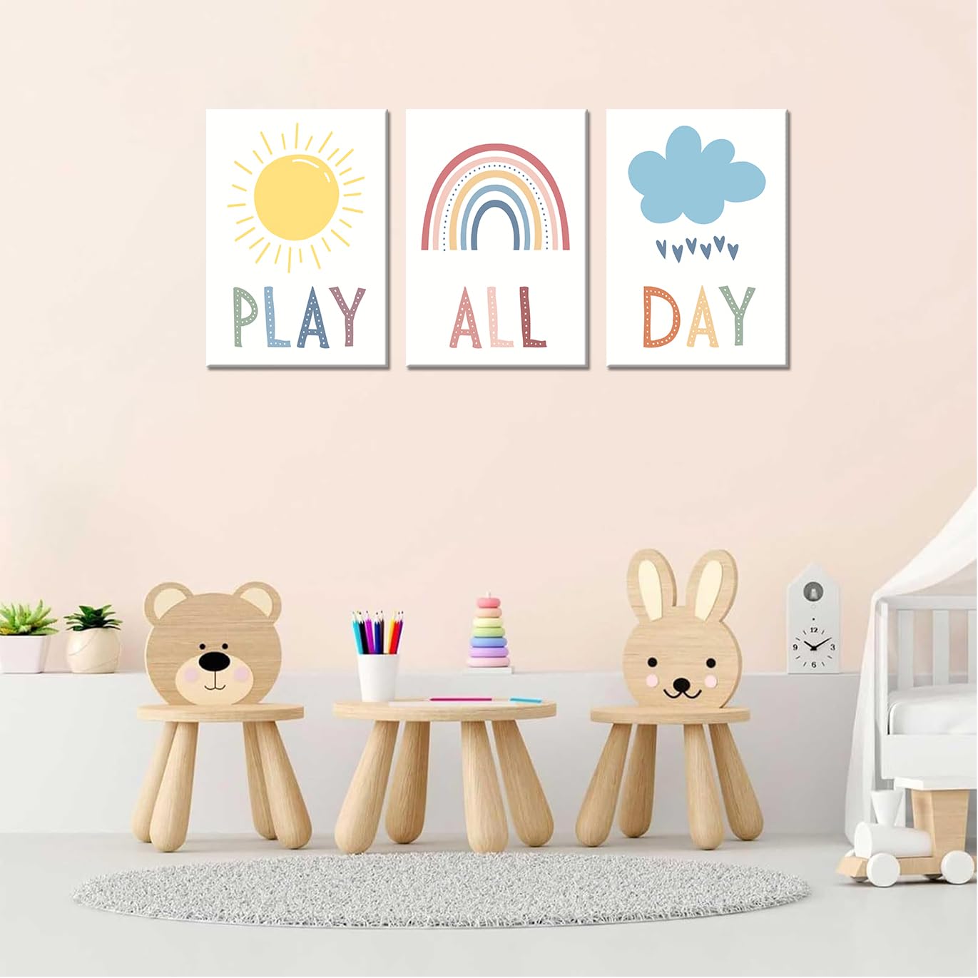 3Pcs Boho Nursery Canvas Wall Art Play All Day Kids Room Wall Decor Pictures Rainbow Sun Cloud Posters Prints for Boy Girl Bedroom Playroom Classroom Decoration, 12x16in